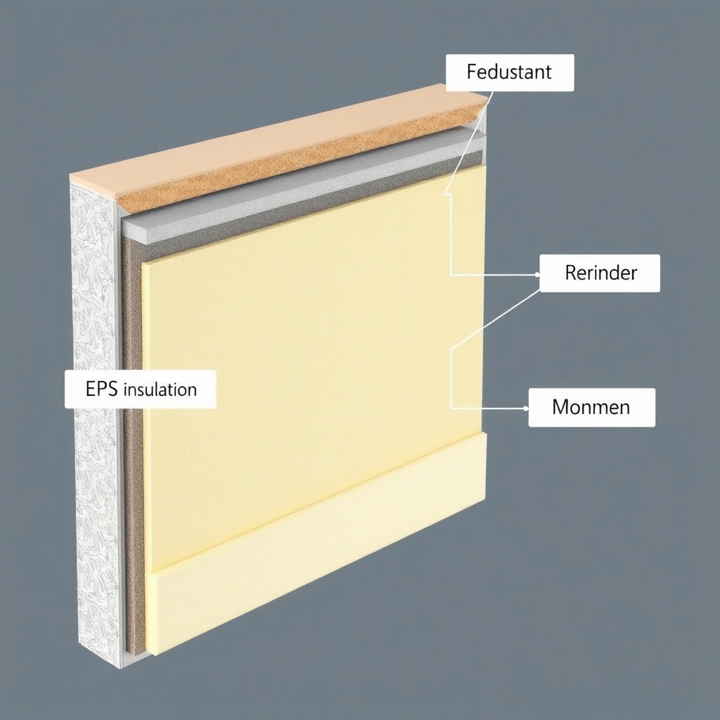 An illustration showing a cross-section of an EPS insulation system on a wall