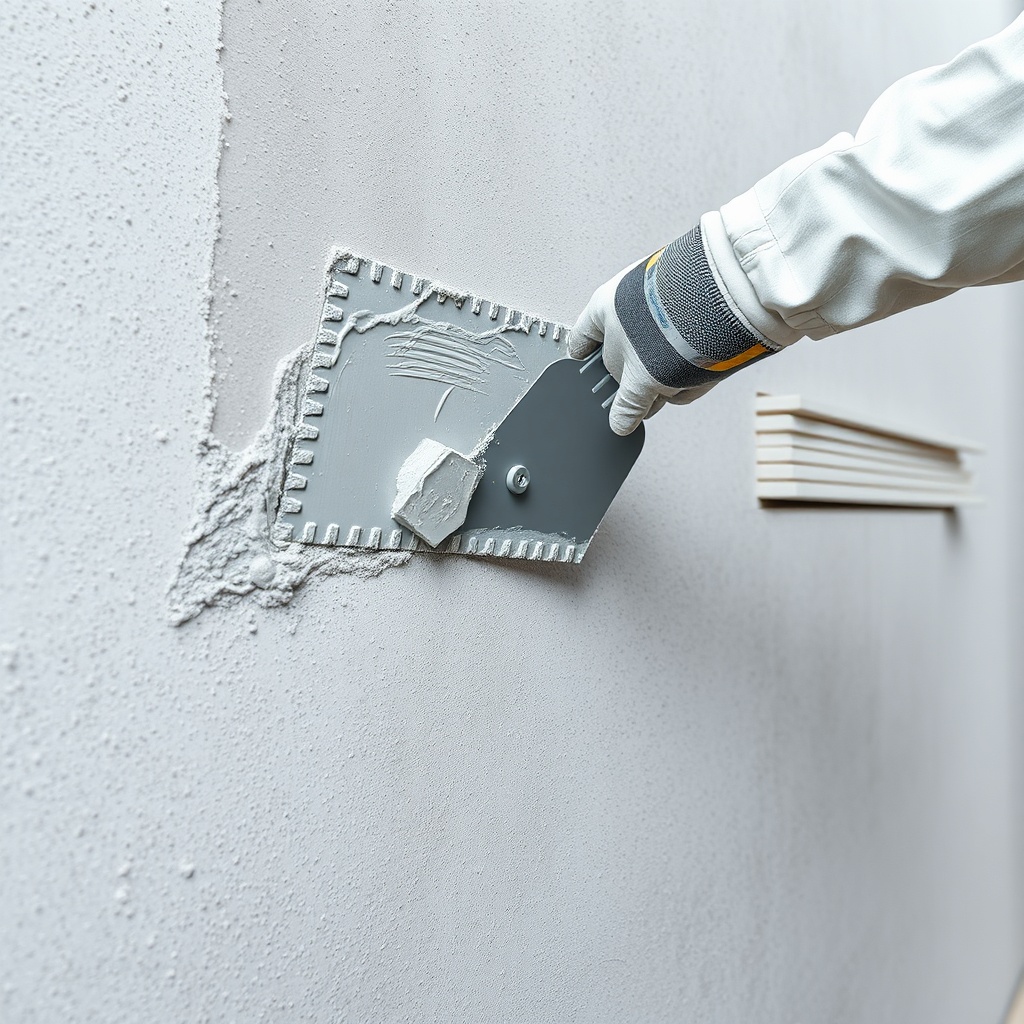 A photorealistic close-up of a worker applying a gray adhesive mortar onto a clean concret