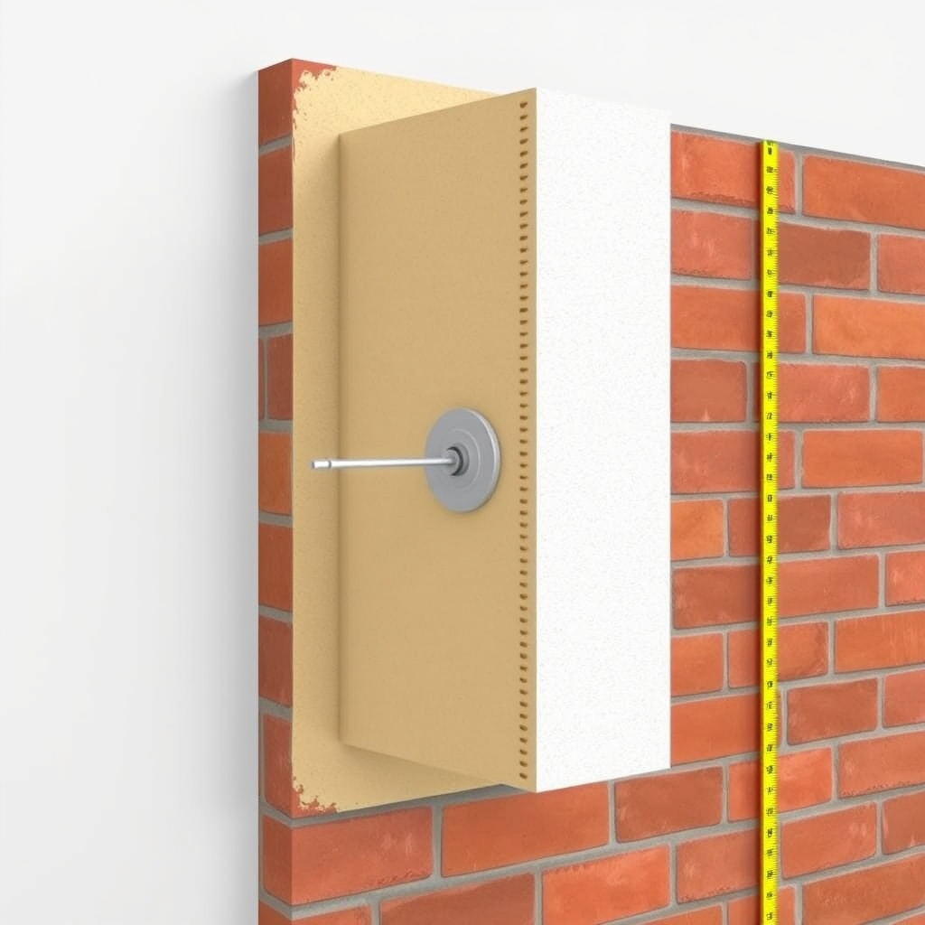 A realistic illustration showing a cross-section of an EPS insulation board fixed to a bri