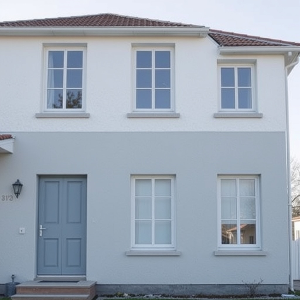 <Clean photorealistic photo of a residential building half-coated with MantoClub EPS insul