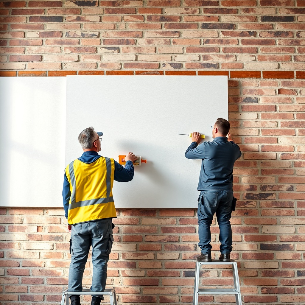 <Clean photorealistic photo of a MantoClub EPS insulation installation process: workers ap