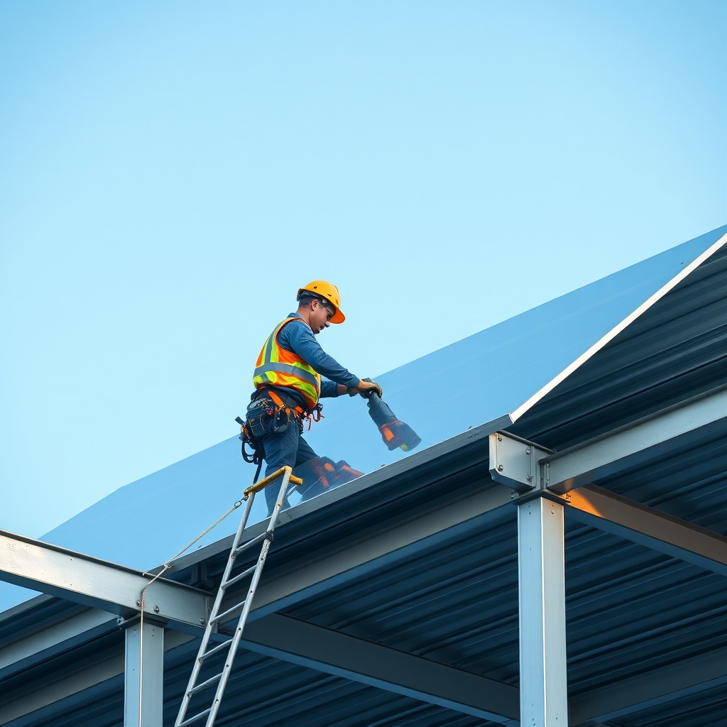A photorealistic 16:9 image showing a worker installing MantoClub EPS CTF X5 panels on a m