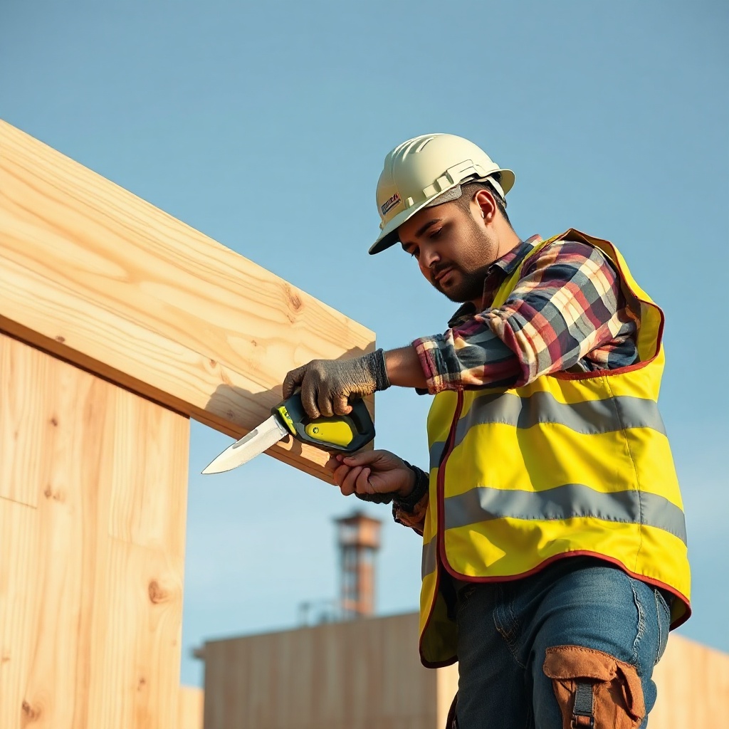 <A clean photorealistic photo of a construction worker in yellow vest cutting MantoClub EP