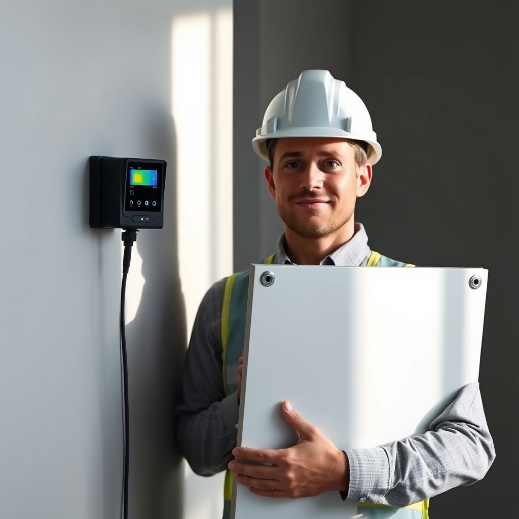 <clean photorealistic photo of a man in a hard hat holding a MantoClub EPS CTF X5 panel ag