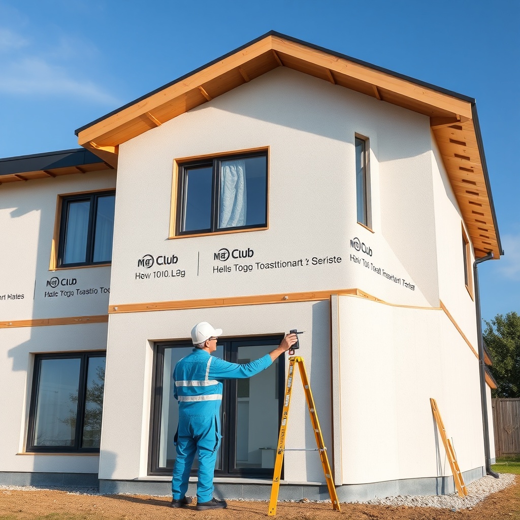 <clean photorealistic photo of a modern house with MantoClub EPS CTF X5 insulation panels