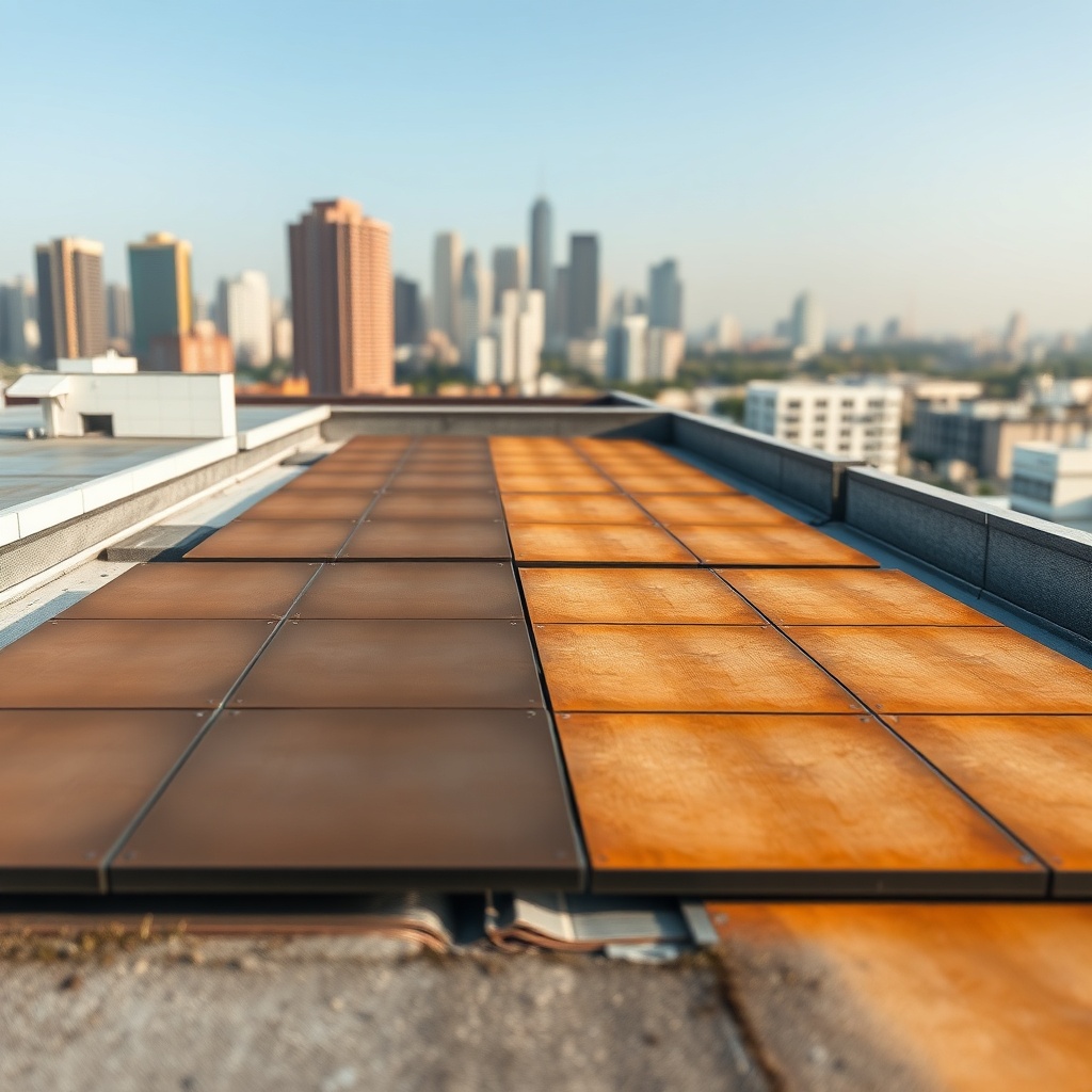 Photorealistic view of MantoClub EPS CTF X5 panels on a rooftop after 12 months of exposur