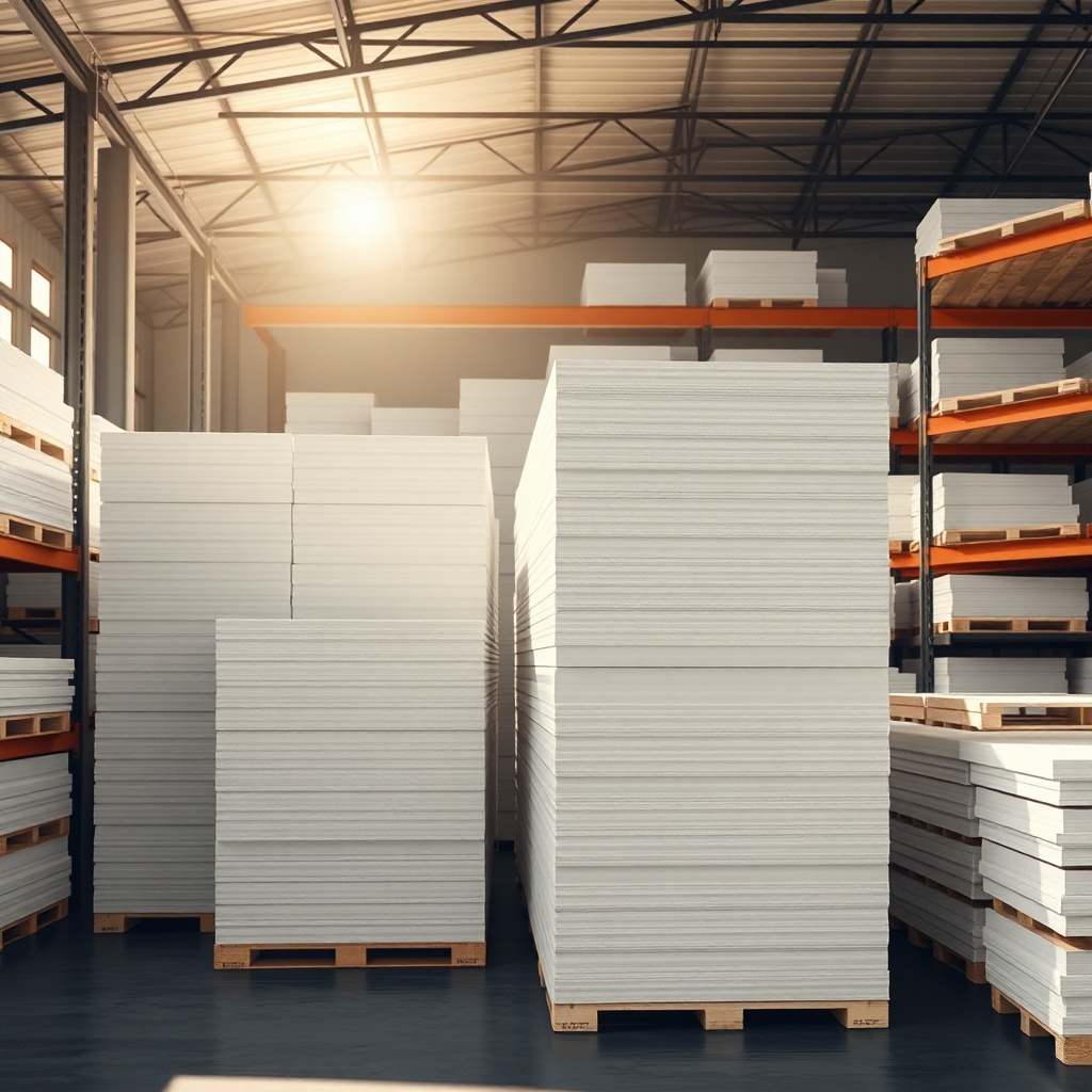 <clean photorealistic photo of MantoClub EPS foam sheets being stacked in an organized war