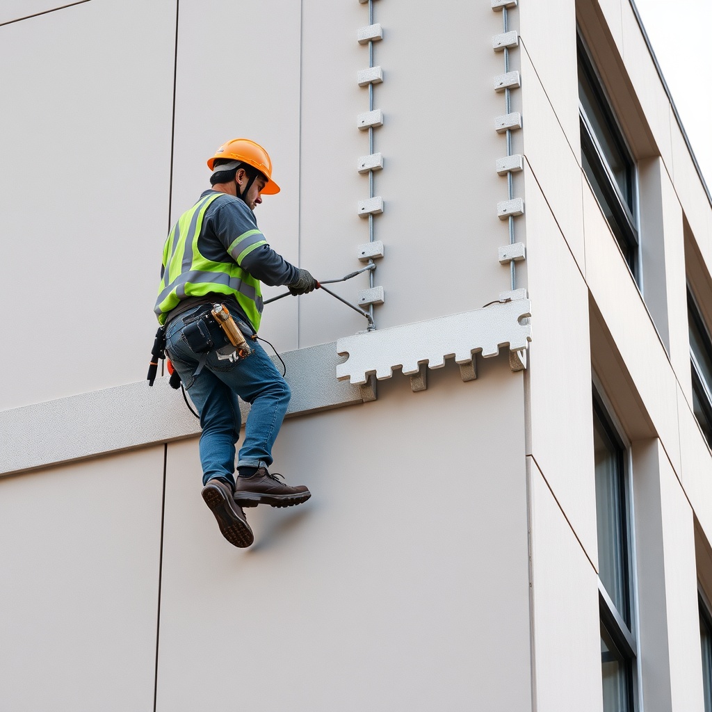 <clean photorealistic photo of MantoClub EPS being installed on a building facade with int
