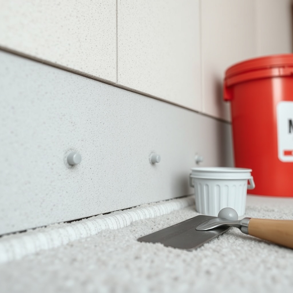 A photorealistic close-up of a MantoClub EPS panel installation showing the plastic dowel