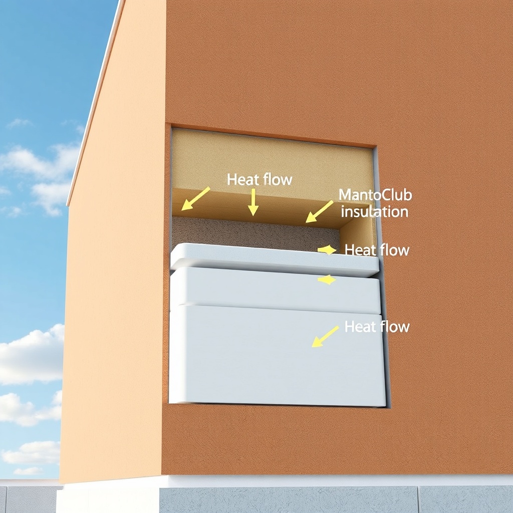 A photorealistic cross-section of a building wall showing MantoClub EPS insulation layers