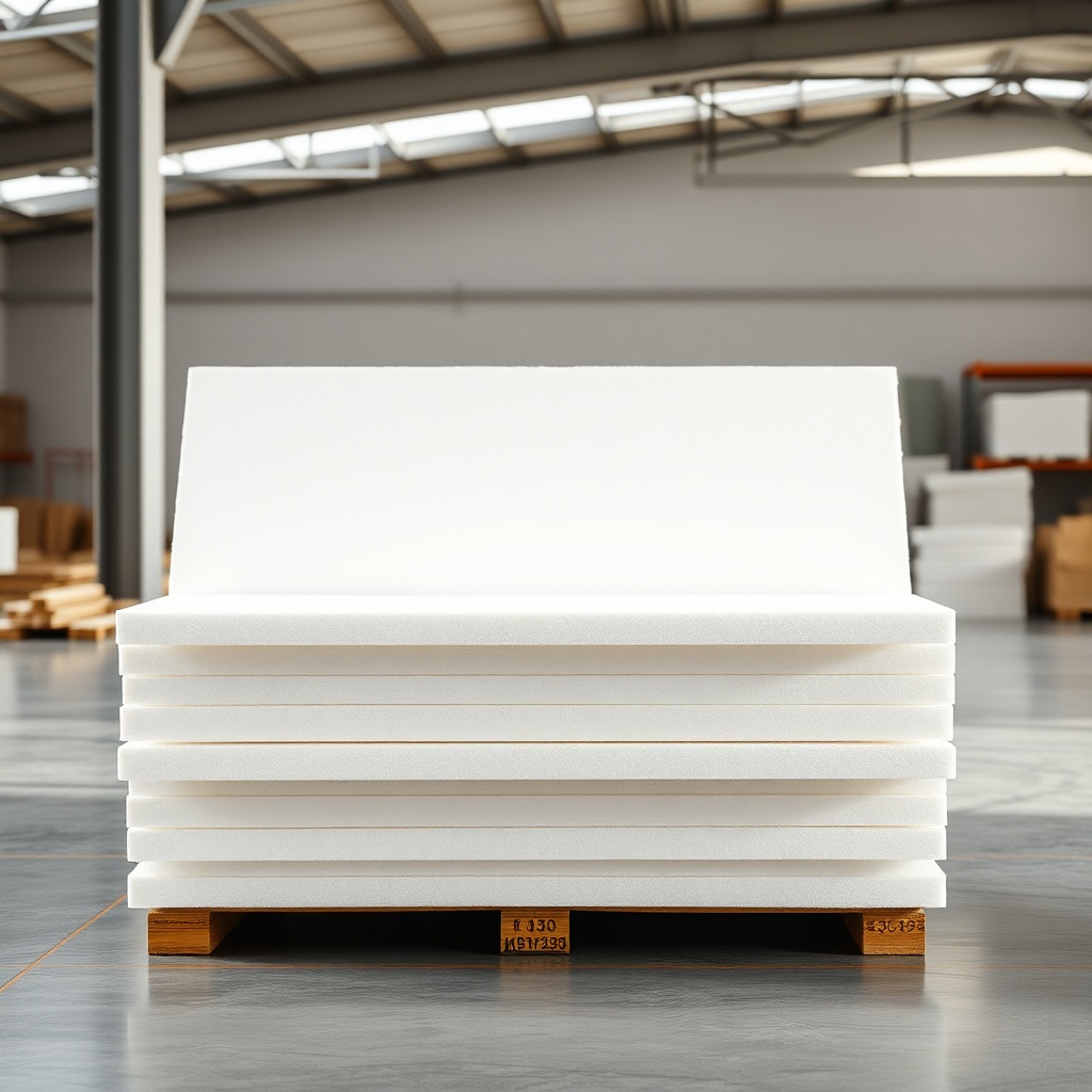 <clean photorealistic photo of MantoClub EPS insulation panels stacked on a warehouse floo