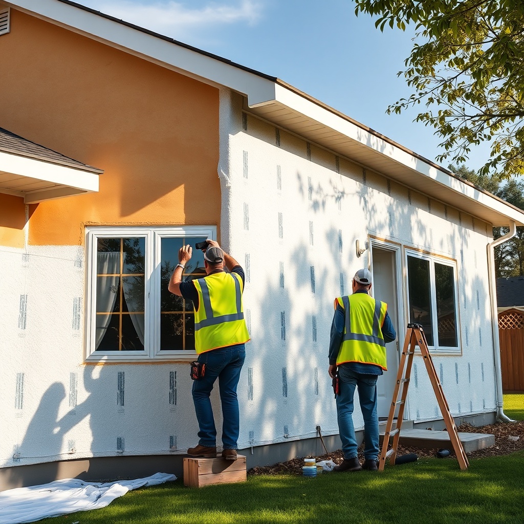 <clean photorealistic photo of a house with exterior insulation being applied