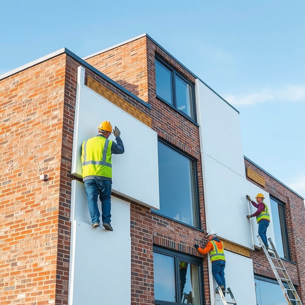 A photorealistic photo of a modern building with MantoClub EPS insulation being applied to