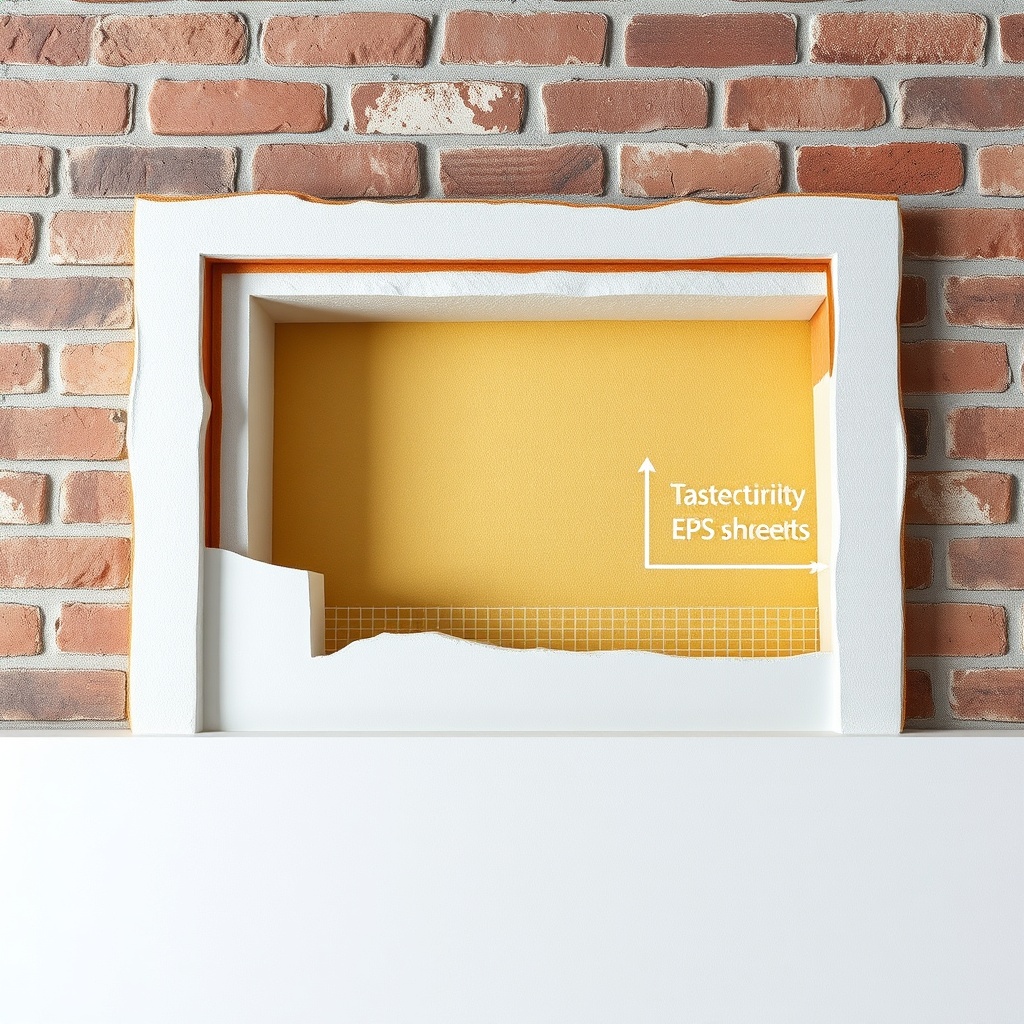 A photorealistic photo of a cross-section of a wall showing MantoClub EPS insulation layer