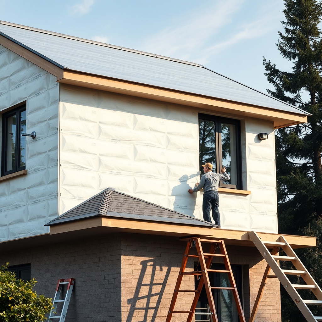 <clean photorealistic photo of a residential building with MantoClub EPS insulation panels