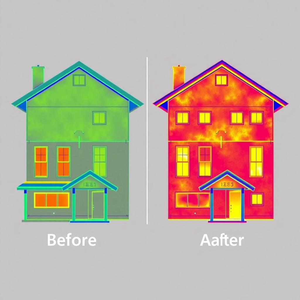 <clean photorealistic photo of a thermal camera image showing a house before and after Man