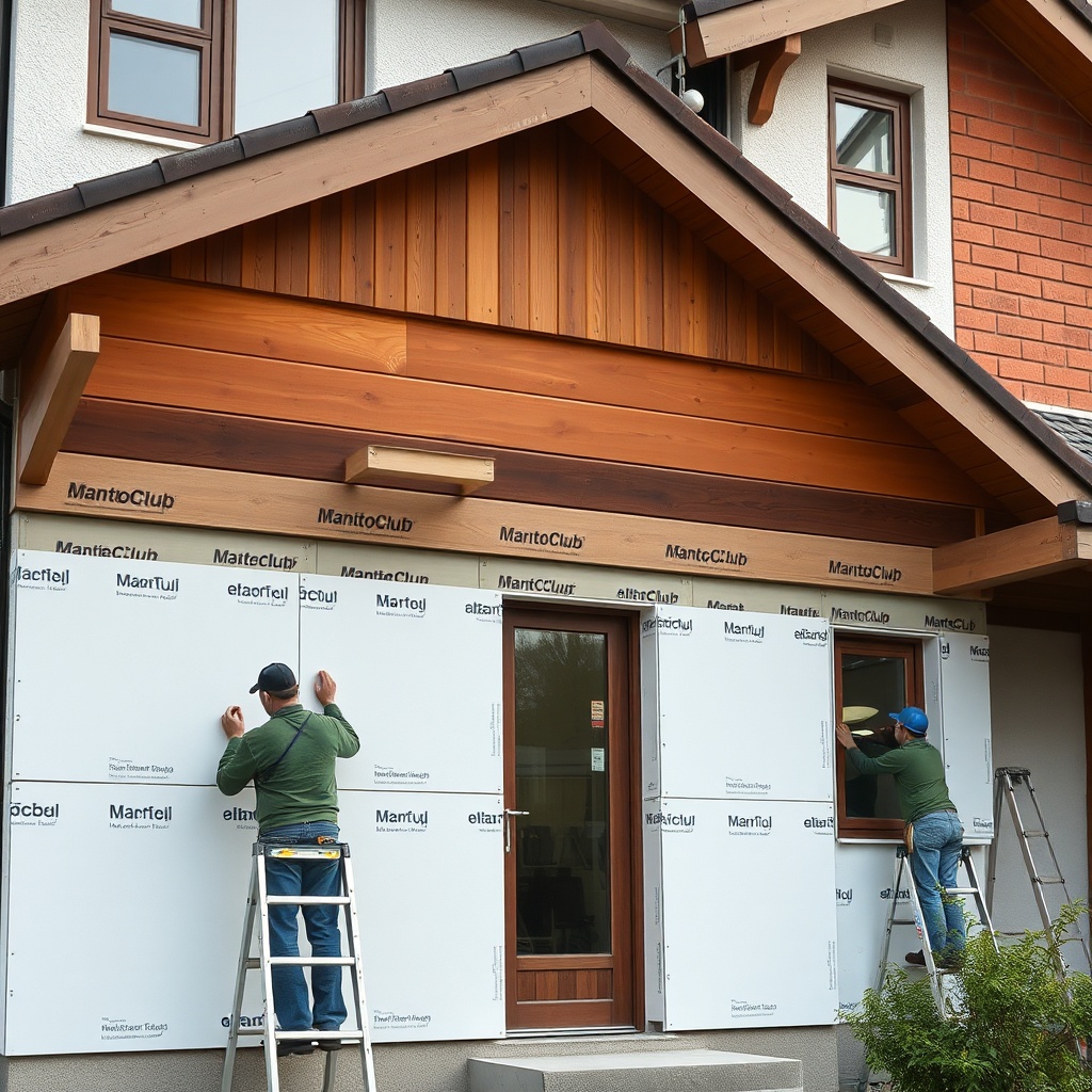A clean photorealistic photo of a residential building facade with MantoClub EPS panels be