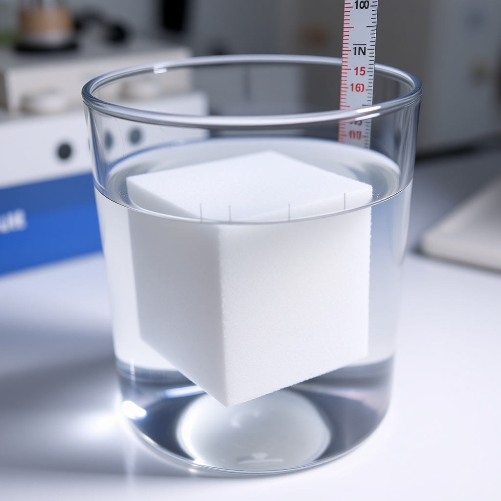 Close-up of MantoClub EPS sample submerged in water for swelling test