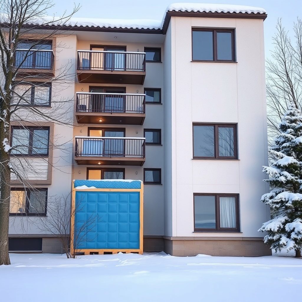 A snowy apartment building with a cross-section showing blue EPS insulation panels on the