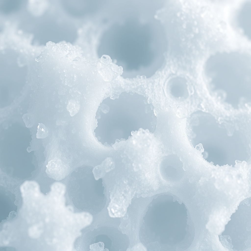 A detailed macro shot of EPS foam cells with icy water droplets on the surface