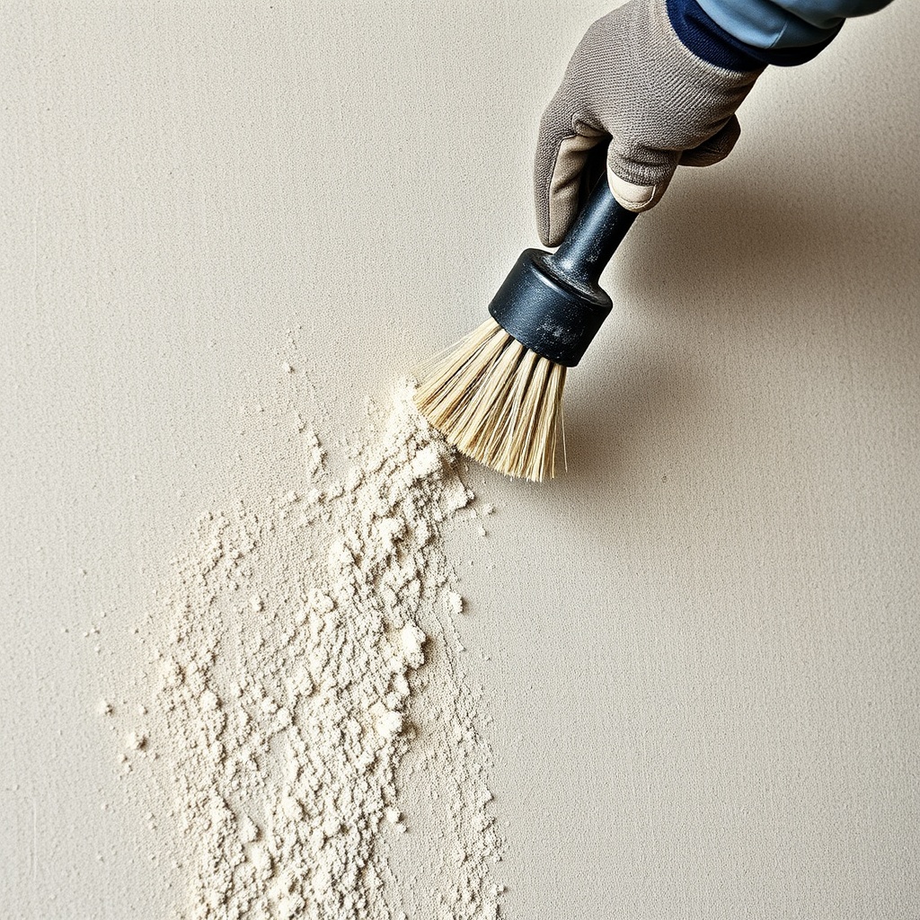 <close-up photo of a worker cleaning a concrete wall surface with a wire brush