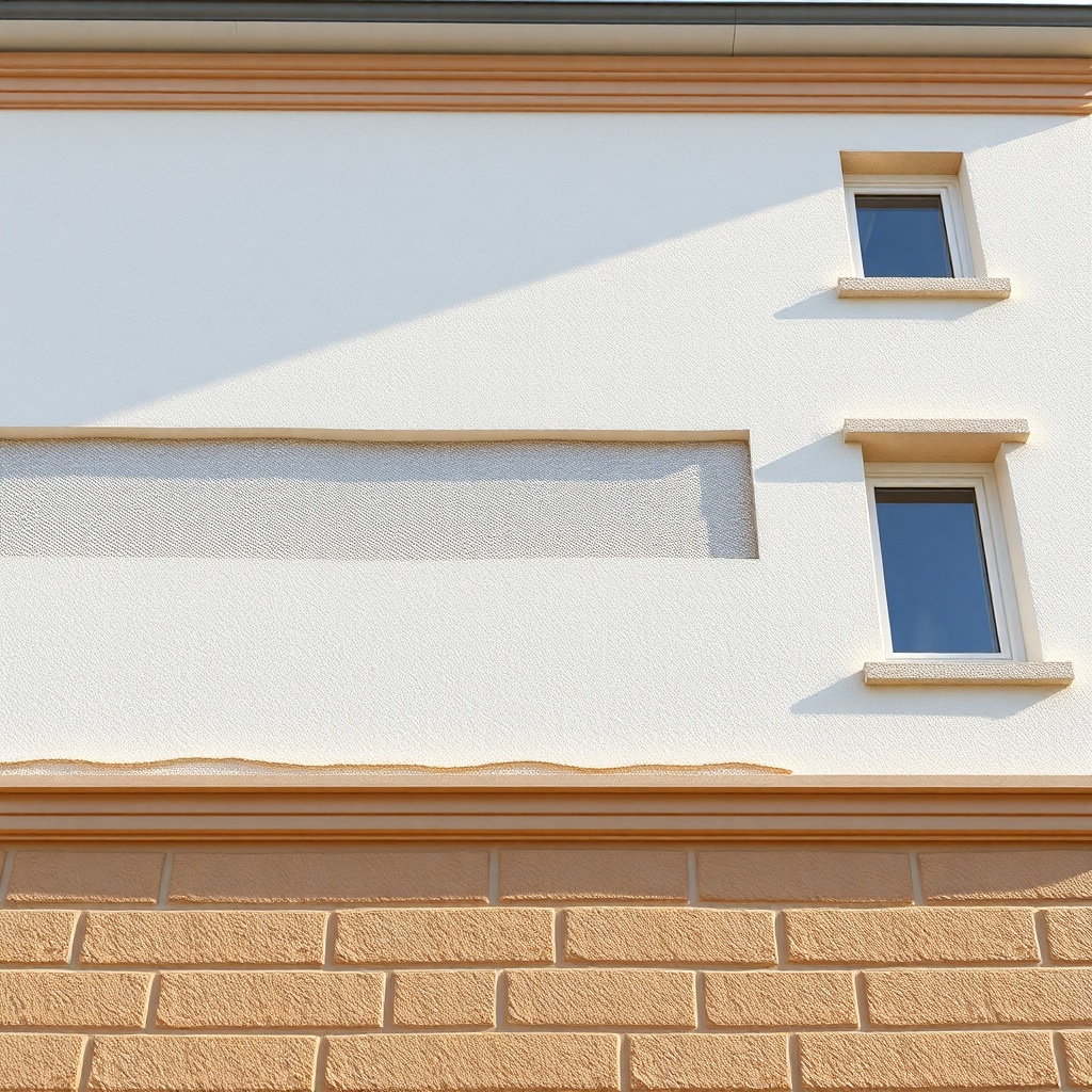 <wide shot of a building facade showing layered EPS insulation system with visible mesh an