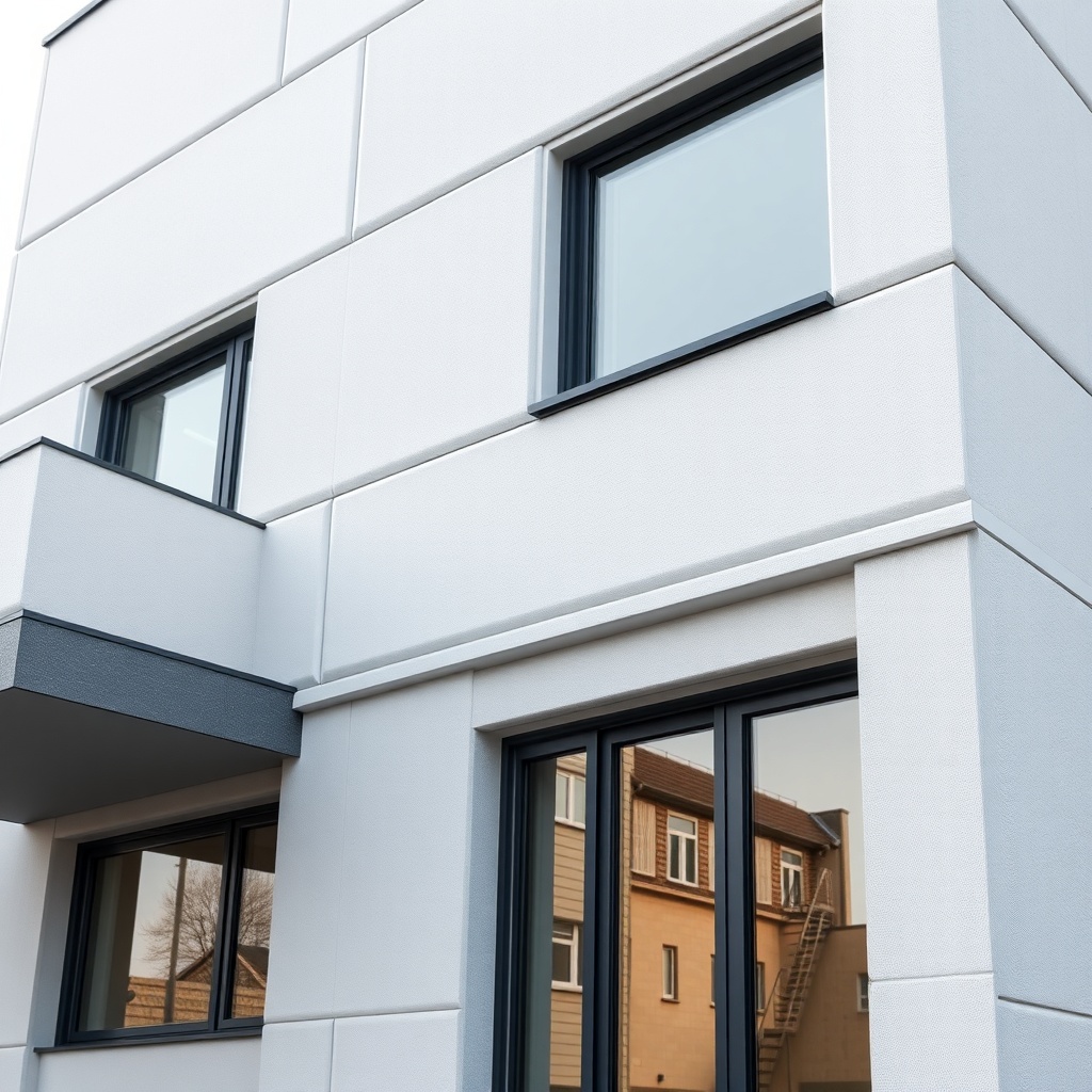 A clean photorealistic photo of a modern building exterior with a recently applied MantoCl