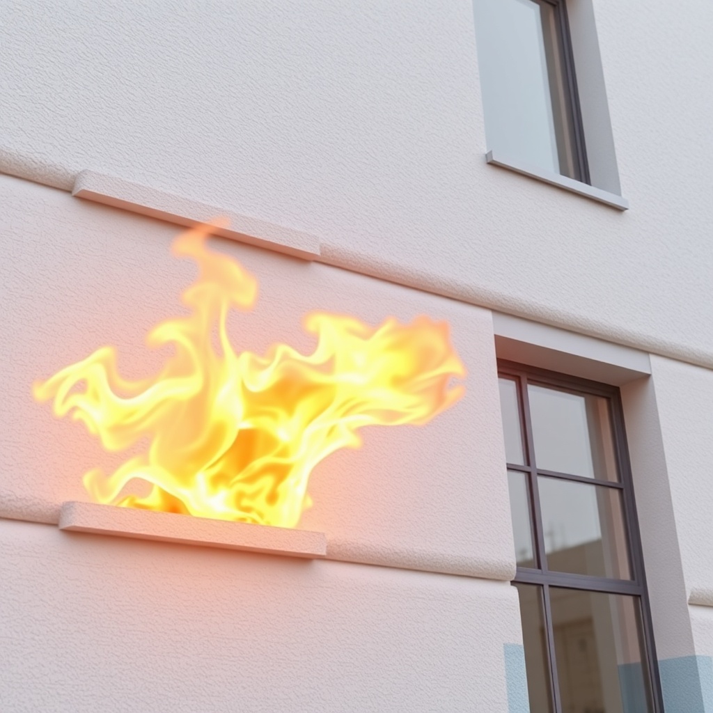 <clean photorealistic photo of a building facade with MantoClub EPS insulation being fire-