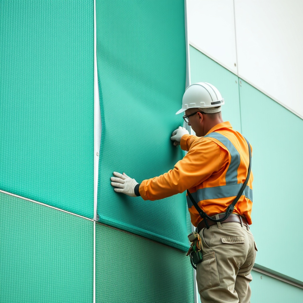 <clean photorealistic photo of a worker applying a green fiberglass mesh on a layer of adh