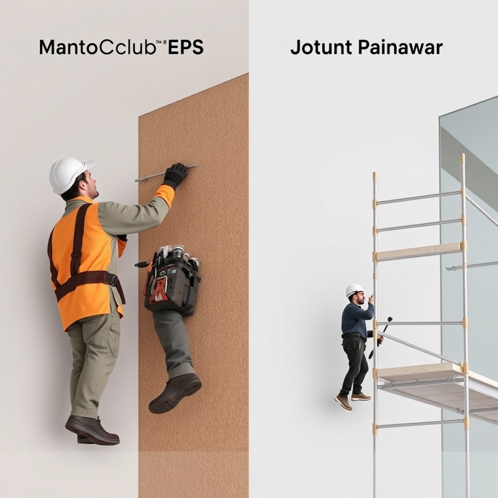 <A side-by-side photorealistic comparison showing a worker installing MantoClub EPS on one