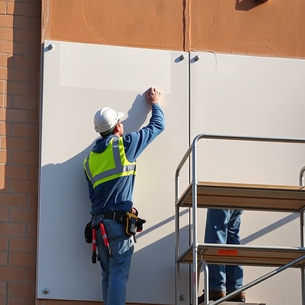 <clean photorealistic photo of a worker applying MantoClub EPS panel to a wall on a sunny