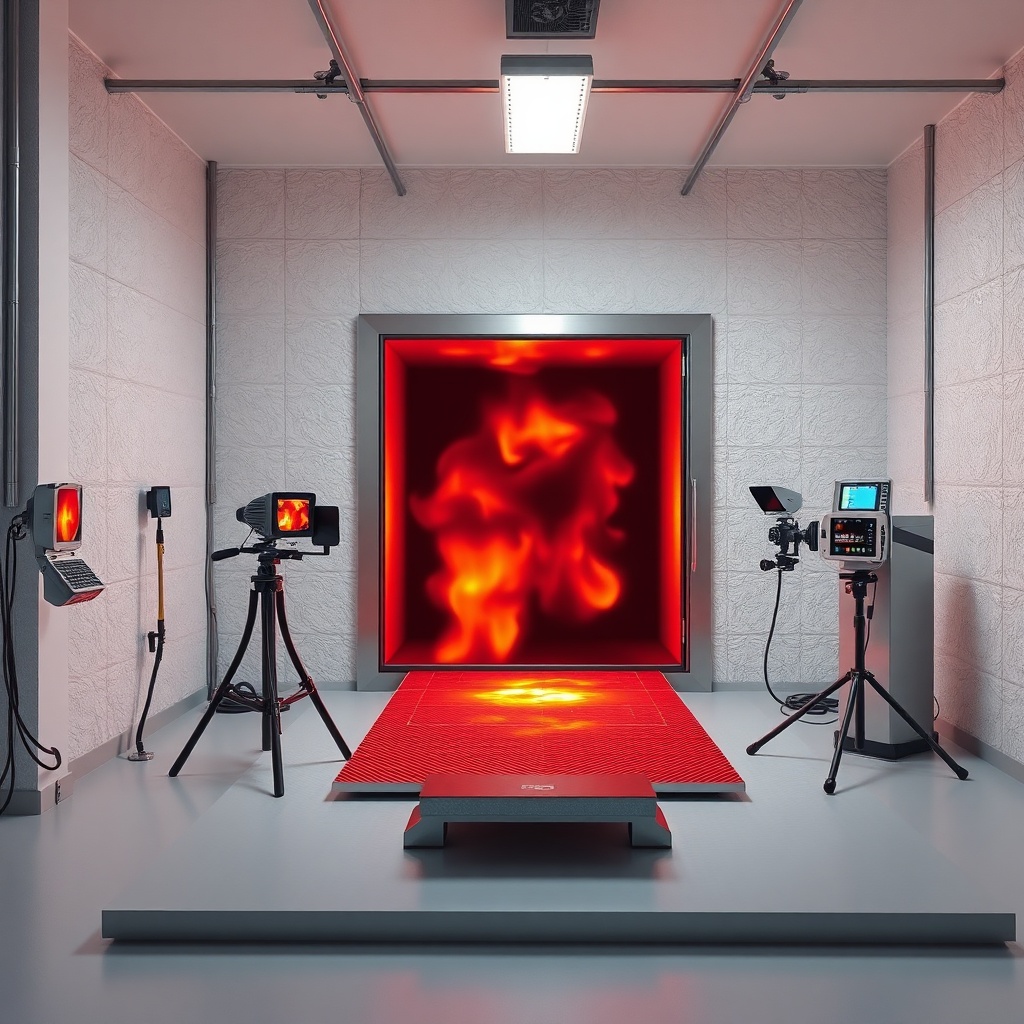 <clean photorealistic photo of a fire resistance test setup for MantoClub EPS insulation p