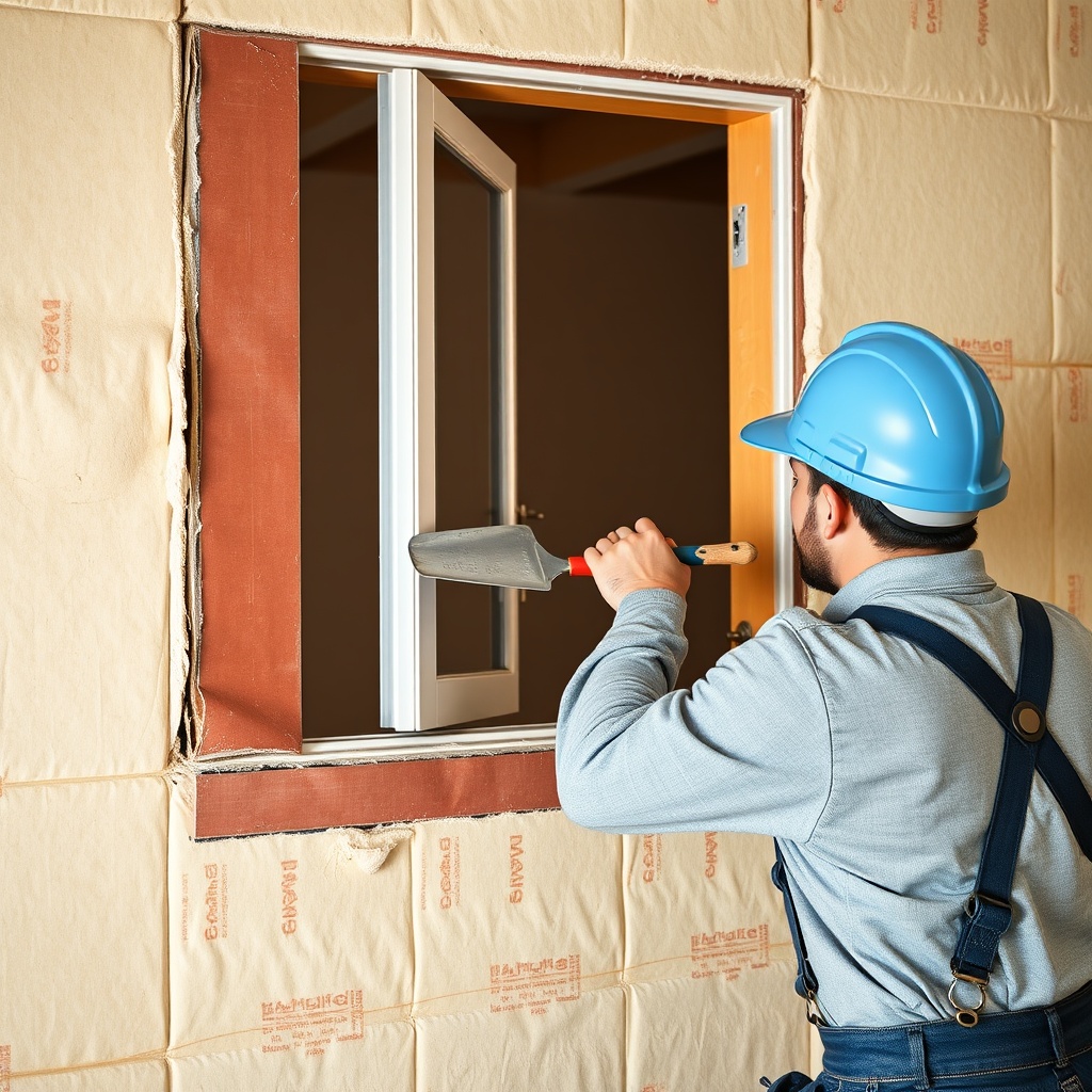 <A photorealistic photo showing a construction worker properly applying a fire-resistant s
