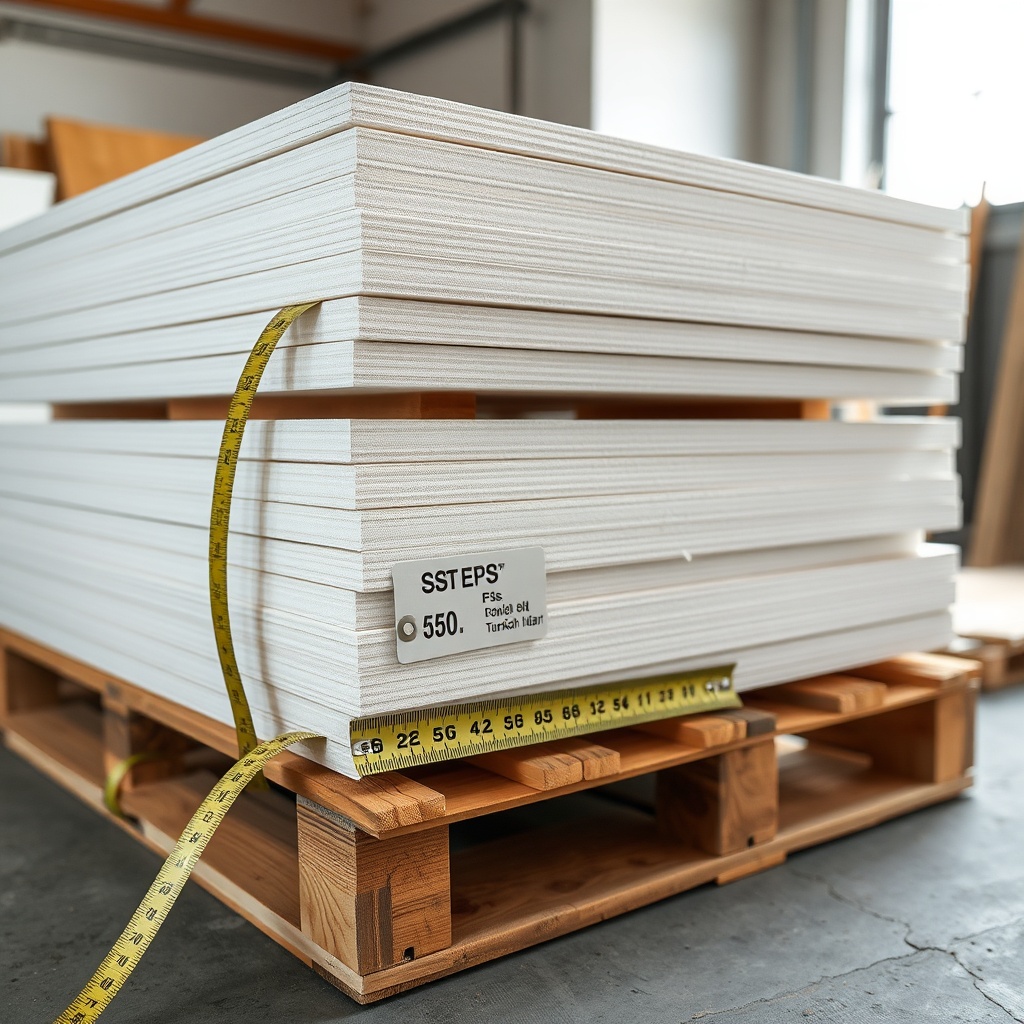 Close-up photorealistic shot of Sto EPS insulation boards stacked on a wooden pallet