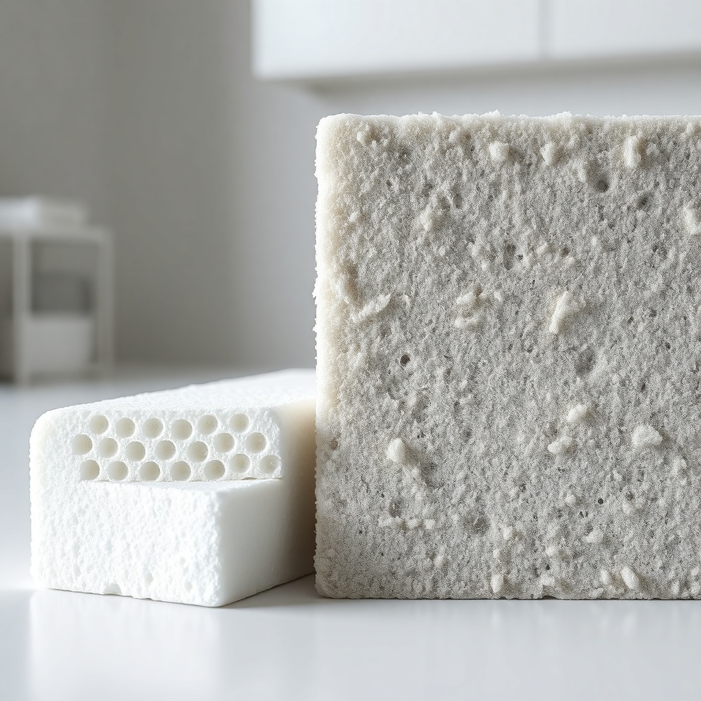 A close-up photorealistic cross-section comparison showing Sto EPS (white