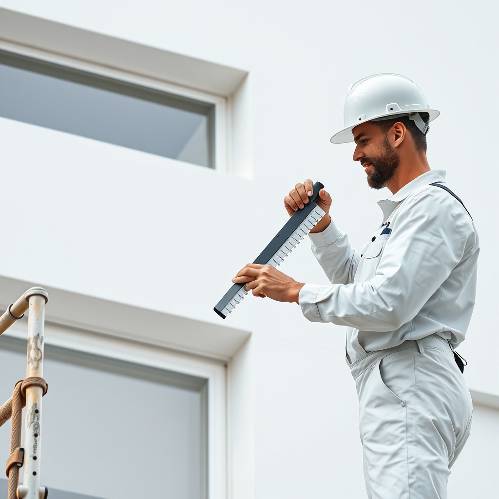 A photorealistic image showing a worker in white overalls applying adhesive with a notched